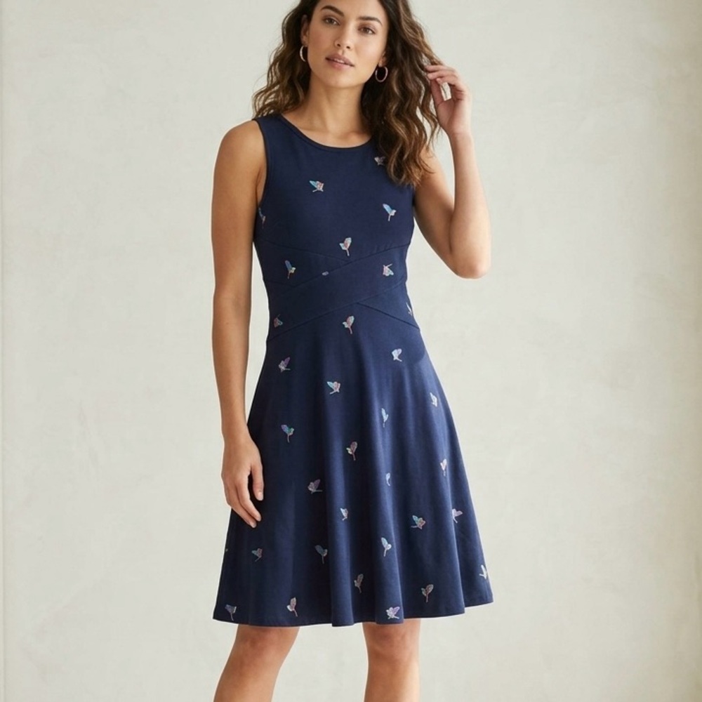 ICONE Simons Navy Blue Bird Print Criss Cross Waist Fit and Flare Dress Size S